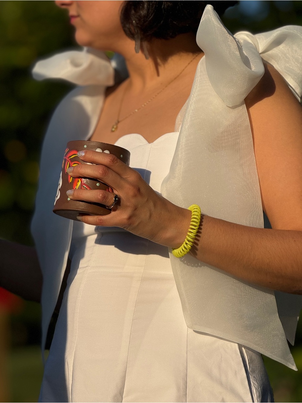 White Scallop Hem Tie-Shoulder Women's Dress - Picture 3 of 4
